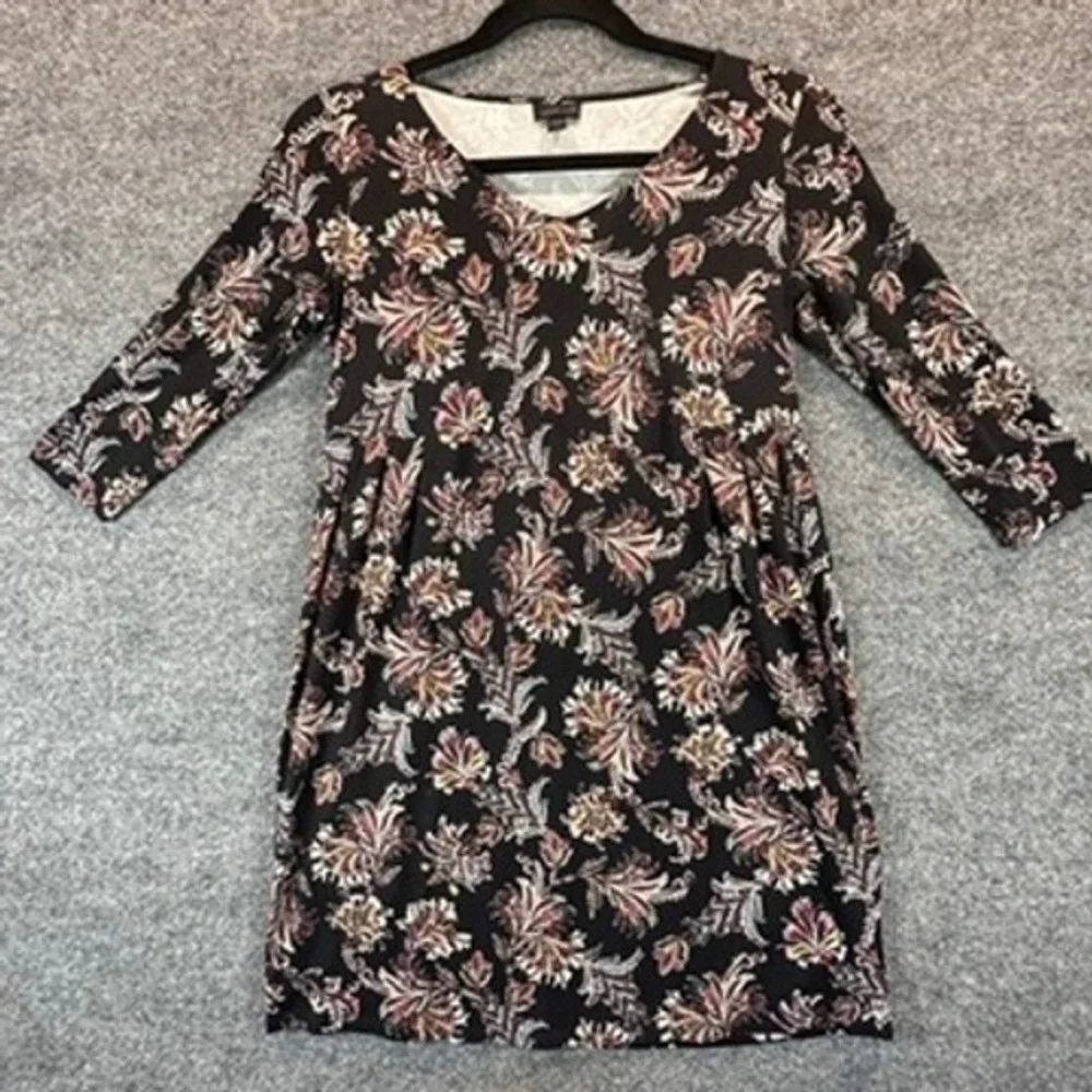 J. Jill Wearever Dress Sz SP Paisley Floral V-Neck 3/4 Sleeve Sheath Boho Artsy